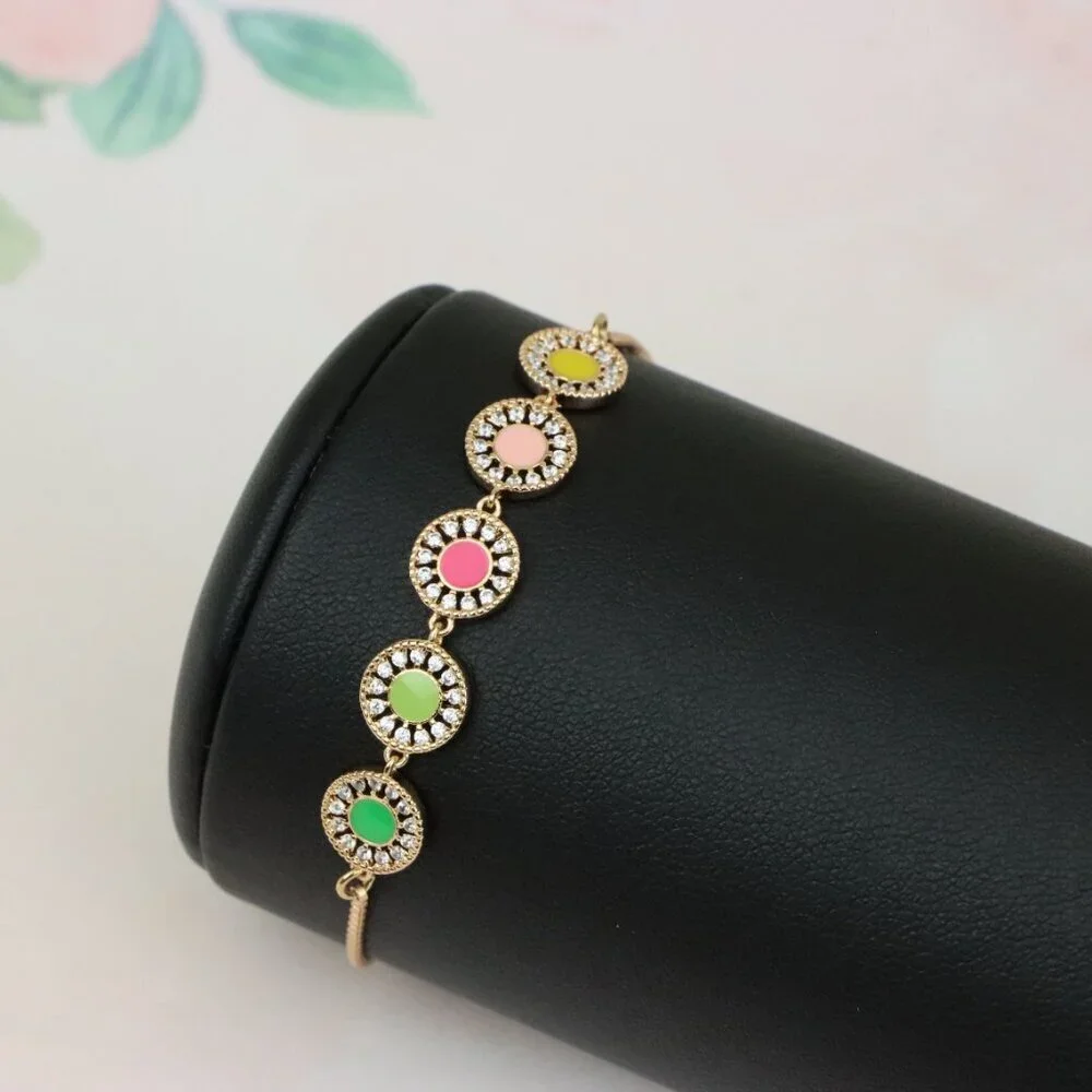 Rose Gold Adjustable Bracelet with Colorful CZ Disc Charms, XPAB0659